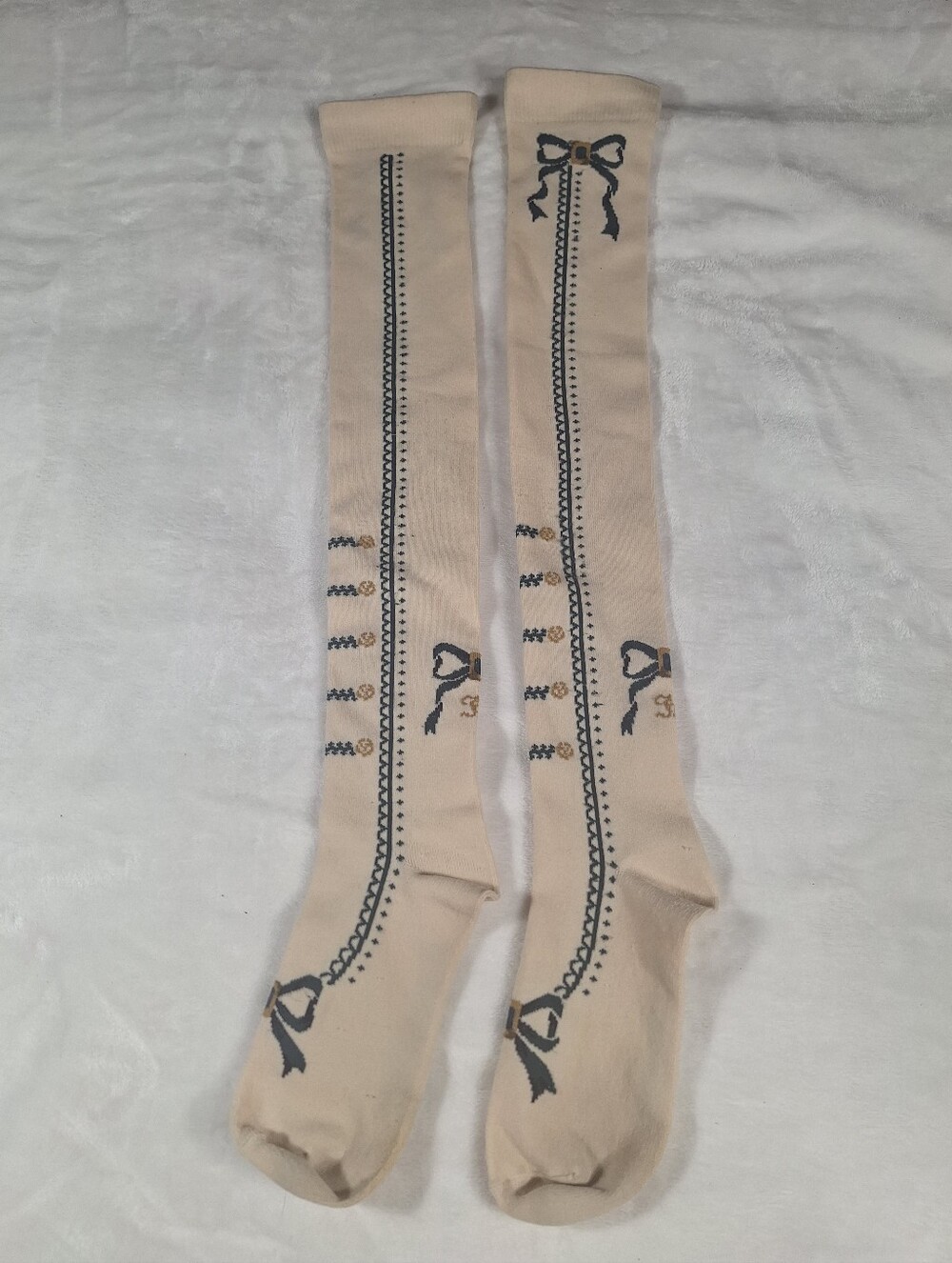 Innocent World Ivory Blue Vertical Stripe OTK Socks with Bows | Classic Lolita